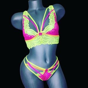 Neon Lace Strappy Lingerie Set